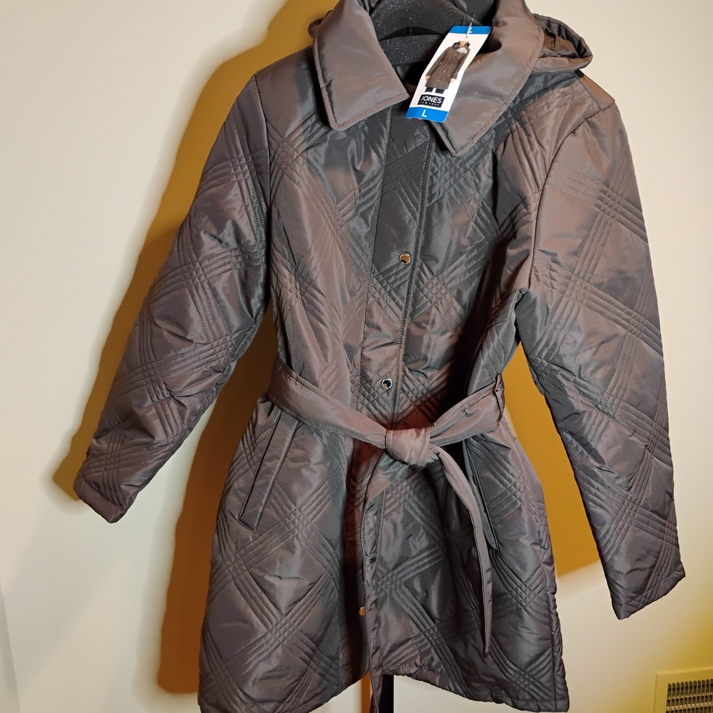 Jones New York Quilted Belted Jacket - Light Brown Size L Removable Hood